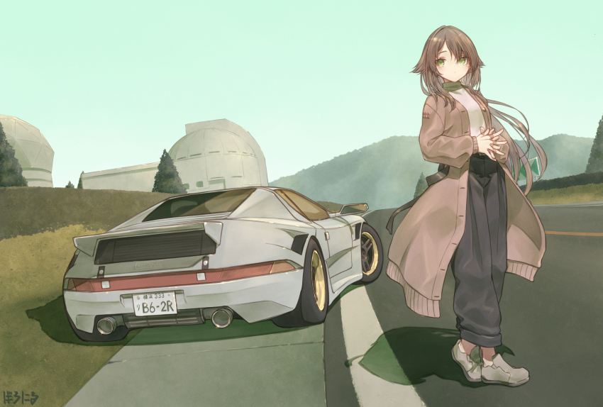 1girl antennae baronilu belt_buckle breasts brown_coat brown_footwear brown_hair buckle building car coat collar commentary day dome exhaust_pipe full_body grass green_eyes green_pants hair_between_eyes hair_flaps highres interlocked_fingers license_plate long_hair medium_breasts motor_vehicle mountainous_horizon no_socks observatory own_hands_together pants parted_lips radar ribbon ridge_racer road shadow shirt signature solo spoiler_(automobile) sports_car standing tree trench_coat very_long_hair white_collar white_shirt