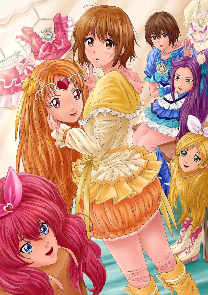 2girls anigurum animegao blonde_hair blue_eyes blush bob_cut bodysuit bodysuit_under_clothes boots brown_eyes brown_hair character_request copyright_request cosplay costume cure_beat cure_beat_(cosplay) cure_melody cure_muse cure_muse_(cosplay) cure_rhythm dress green_eyes highres idol indoors kigurumi legs long_hair looking_at_viewer mask unworn_mask multiple_girls open_mouth orange_hair ponytail precure purple_eyes red_eyes red_hair short_hair sitting standing suite_precure thighs yellow_eyes