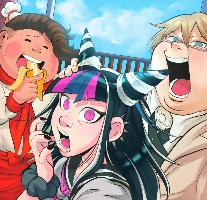 1girl 2boys black_hair black_nails black_sailor_collar black_scrunchie blonde_hair brown_hair chef_hat collared_shirt danganronpa_(series) danganronpa_2:_goodbye_despair day drill_hair ear_piercing glasses green_eyes grey_shirt hair_between_eyes hanamura_teruteru hat highres lynn_(daisiloou) meme mini_hat mioda_ibuki multicolored_hair multiple_boys nail_polish outdoors piercing pink_eyes pink_hair sailor_collar scrunchie semi-rimless_eyewear shirt teeth togami_byakuya_(danganronpa_2) tongue white_hair white_shirt