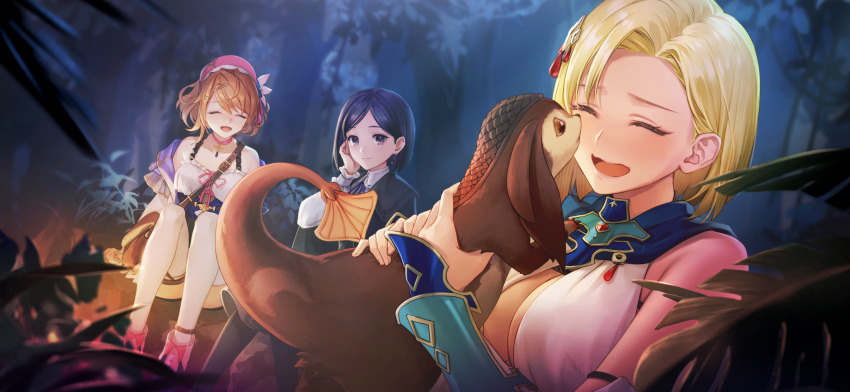 3girls :d ^_^ absurdres animal atelier_(series) atelier_ayesha atelier_resleriana black_hair black_jacket blonde_hair braid breasts brown_bag choker cleavage closed_eyes collared_shirt game_cg hair_between_eyes hair_ornament hairclip hand_on_own_cheek hand_on_own_face hand_up hat highres holding holding_animal jacket juna_waitz juna_waitz_(valkyrie_in_the_sky) knees_up licking licking_another&#039;s_face long_hair looking_at_another marion_quinn multiple_girls neck_ribbon night non-web_source official_alternate_costume official_art open_mouth outdoors pink_choker pink_hat pink_ribbon resna_sternenlicht ribbon shirt short_hair sitting smile swept_bangs thighhighs white_shirt white_thighhighs