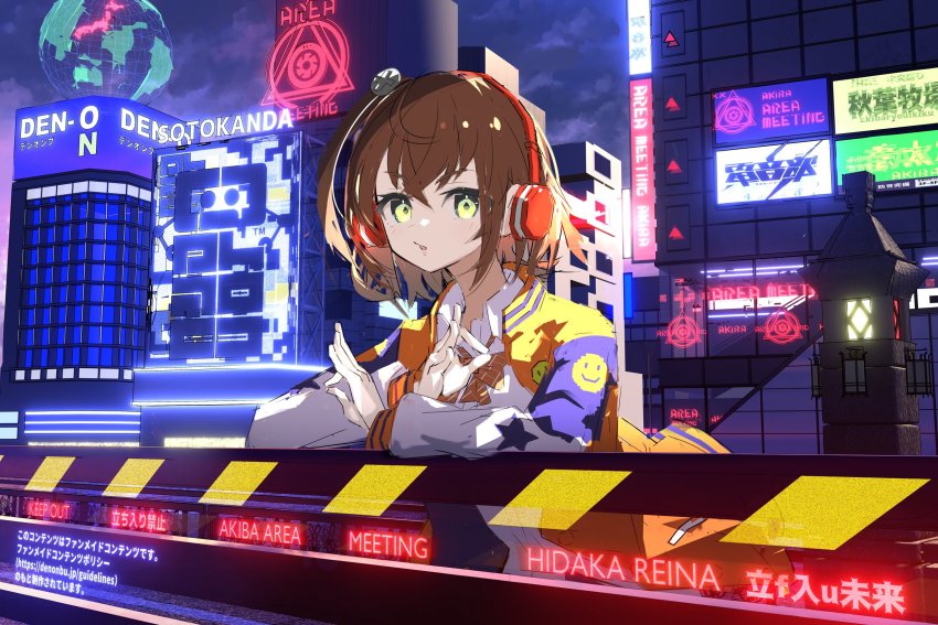 bow brown_hair denonbu green_eyes gurumaruhana hair_between_eyes headphones hidaka_reina_(denonbu) highres jacket long_sleeves open_clothes open_jacket orange_jacket pin school_uniform shirt short_hair side_ponytail smiley_face standing