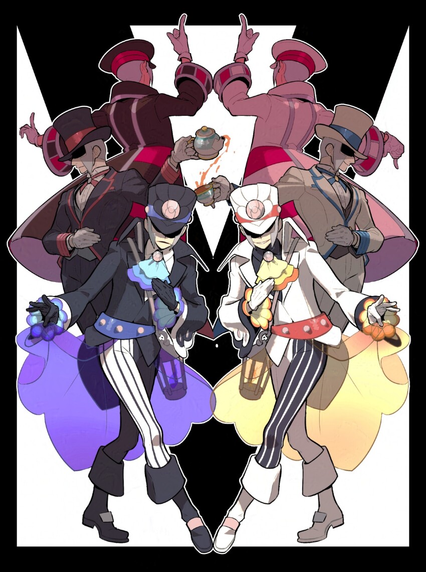 2boys alternate_costume arm_across_waist arm_up ascot asymmetrical_clothes asymmetrical_legwear belt black_border black_bow black_bowtie black_coat black_hat black_pants black_suit black_vest blue_belt blue_ribbon blue_sleeve_cuffs blue_trim border bow bowtie brothers closed_mouth coat collared_shirt commentary_request covered_eyes cup dress_shirt drink emmet_(pokemon) emmet_(special_costume)_(pokemon) emmet_(sygna_suit)_(pokemon) fashion floating_clothes formal_clothes frilled_sleeves frills frown gloves grey_vest hand_on_own_chest hat highres holding holding_cup holding_teapot index_finger_raised ingo_(pokemon) ingo_(special_costume)_(pokemon) ingo_(sygna_suit)_(pokemon) jacket korean_commentary lantern lapels layered_clothes layered_sleeves lifting_own_clothes long_sleeves male_focus multiple_boys multiple_views neck_ribbon nintendo obscured_eyes official_alternate_costume outstretched_arm panties pants parted_lips peaked_cap pointing pointing_down pointing_up pokemon pokemon_bw pokemon_masters_ex pouring red_belt red_ribbon red_sleeve_cuffs red_trim redlhzz ribbon see-through_clothes shirt short_hair siblings sideburns skirt sleeve_cuffs smile standing striped_clothes striped_panties striped_pants suit suit_jacket tea teapot top_hat twins underwear vertical-striped_clothes very_short_hair vest white_background white_bow white_bowtie white_coat white_gloves white_hair white_hat white_jacket white_shirt white_suit wide_sleeves wing_collar