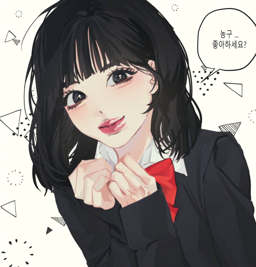 1girl akagi_haruko akagi_haruko_(cosplay) b_xbnh black_hair blunt_bangs commentary_request cosplay eunha_(gfriend) eyelashes gfriend highres k-pop korean_commentary korean_text looking_at_viewer medium_hair pink_lips real_life school_uniform shirt slam_dunk_(series) smile solo translation_request triangle upper_body viviz white_shirt
