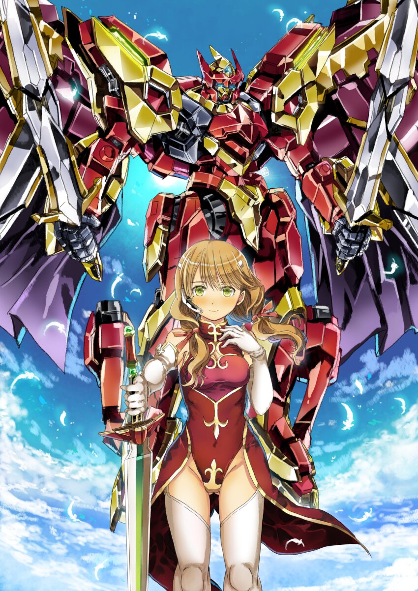 1girl absurdres blush brown_hair code_geass code_geass:_soubou_no_oz garimpeiro green_eyes highres holding holding_sword holding_weapon lancelot_(code_geass) lancelot_grail long_hair looking_at_viewer mecha multiple_swords oldrin_zevon robot sky sword twintails weapon