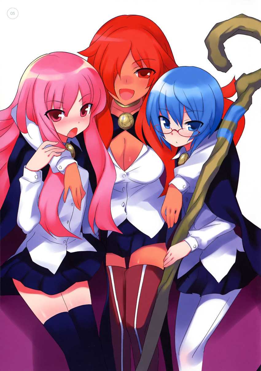 3girls :d absurdres artbook blue_eyes blue_hair blue_skirt blue_thighhighs boots breasts brown_footwear cape cleavage closed_mouth dark-skinned_female dark_skin dot_mouth fang hair_over_one_eye highres kirche_augusta_frederica_von_anhalt_zerbst long_hair louise_francoise_le_blanc_de_la_valliere multiple_girls official_art open_mouth page_number pantyhose pentacle pentagram pink_eyes pink_hair red-framed_eyewear red_eyes red_hair scan semi-rimless_eyewear shiny_skin short_hair simple_background skirt smile staff tabitha_(zero_no_tsukaima) thigh_boots thighhighs under-rim_eyewear usatsuka_eiji white_background white_legwear zero_no_tsukaima zettai_ryouiki