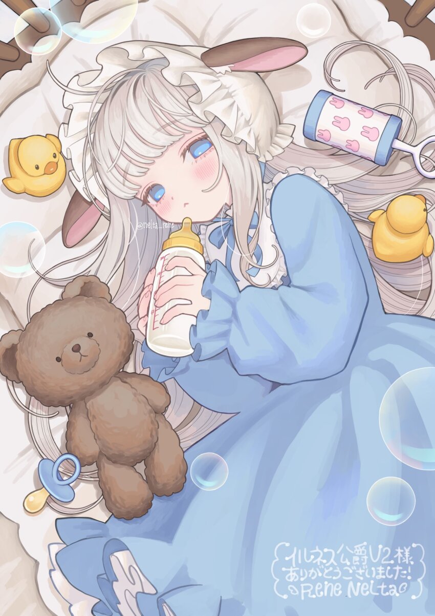 1girl :&lt; animal_ears baby_bottle bed blue_dress blue_eyes blunt_bangs bonnet bottle bubble closed_mouth collar collared_dress commentary commission deer_ears dress frilled_collar frilled_dress frilled_sleeves frills highres holding holding_bottle long_hair long_sleeves looking_at_viewer lying nelta_rene on_bed on_side original pacifier petticoat pillow puffy_long_sleeves puffy_sleeves rubber_duck skeb_commission solo stuffed_animal stuffed_toy teddy_bear white_hair
