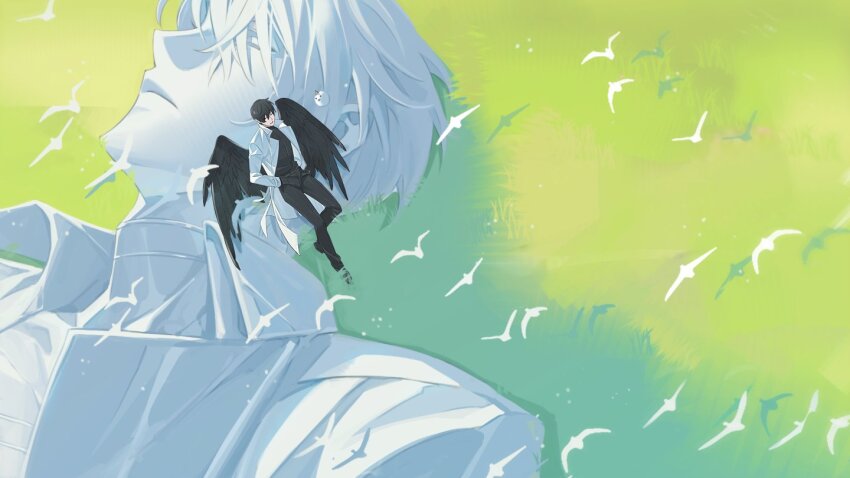 2boys :d against_object bird biyoo_(omniscient_reader&#039;s_viewpoint) black_hair black_shirt black_wings closed_eyes coat dokkaebi feathered_wings hands_in_pockets kim_dokja leaning_on_object lying mini_person miniboy multiple_boys official_alternate_costume omniscient_reader&#039;s_viewpoint on_back open_mouth plain shadow shirt size_difference smile statue tack_ka_2_0 too_many too_many_birds white_coat wings yoo_joonghyuk