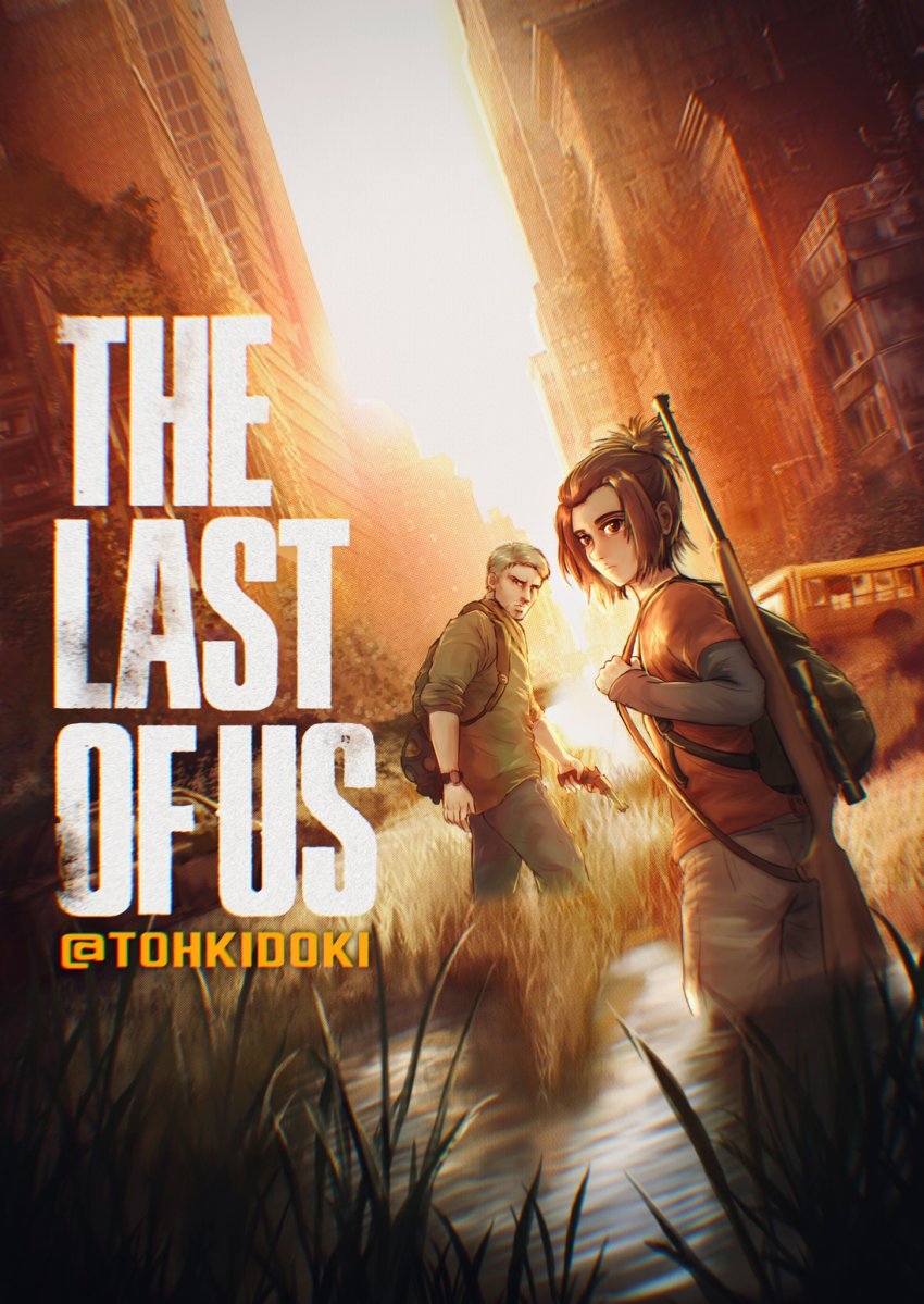 1boy 1girl backpack bag beads blonde_hair brown_eyes brown_hair building bus child copyright_name cosplay dutch_angle ellie_(the_last_of_us) ellie_(the_last_of_us)_(cosplay) gabi_braun grass gun half_updo highres holding_strap joel_(the_last_of_us) joel_(the_last_of_us)_(cosplay) layered_sleeves long_sleeves looking_at_viewer looking_back motor_vehicle nature outdoors pants parody reiner_braun rifle ruins shingeki_no_kyojin short_over_long_sleeves short_sleeves skyscraper sleeves_rolled_up the_last_of_us the_last_of_us_(series) tohkidoki twilight twitter_username wading watch water weapon weapon_on_back wetland wristwatch