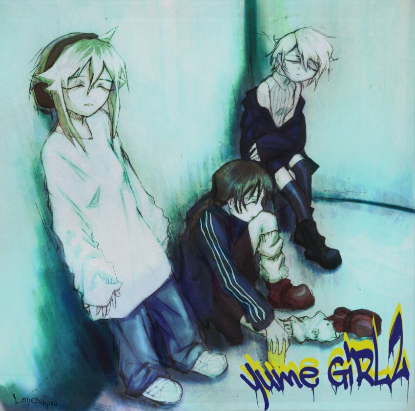 .flow 3girls against_wall ahoge alternate_costume arms_at_sides baggy_pants bags_under_eyes bare_shoulders black_coat black_footwear black_shorts black_socks blonde_hair braid breasts brown_hair can closed_eyes closed_mouth coat commentary corner crossover denim english_text facing_to_the_side facing_viewer flipped_hair from_above frown hair_between_eyes head_tilt highres holding holding_can holding_own_arm jacket jeans knee_up kneehighs leaning leaning_back lips lonesomnia long_hair long_sleeves loose_socks madotsuki medium_hair messy_hair multiple_girls off_shoulder oversized_clothes oversized_shirt pale_skin pants parted_hair purple_skirt red_footwear red_shirt red_skirt sabitsuki shirt shoes short_hair shorts sidelocks signature sitting skirt sleeveless sleeves_past_wrists small_breasts socks soda standing striped track_jacket twin_braids twintails urotsuki v-neck vertical_stripes white_footwear white_hair white_shirt yume_2kki yume_nikki