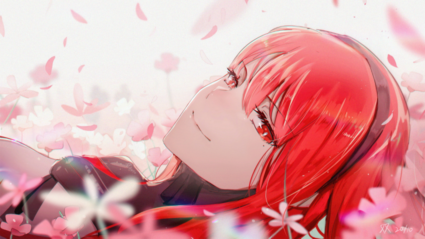 1girl chinese_commentary close-up commentary dated field flower flower_field hair_between_eyes hairband highres looking_at_viewer lying mole mole_under_eye niarss on_back petals pink_flower punishing:_gray_raven red_eyes red_hair smile solo vera:_rozen_(pgr) vera_(pgr)
