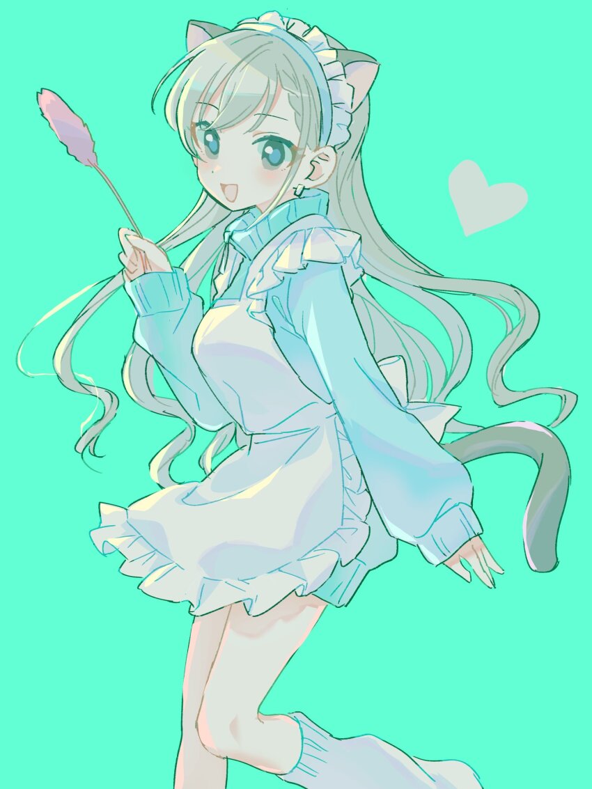 1girl animal_ears apron aqua_background blue_eyes blush cat_day cat_ears cat_tail cat_teaser grey_hair highres hisakawa_hayate idolmaster idolmaster_cinderella_girls jacket jersey_maid kanipoposu long_hair looking_at_viewer loose_socks maid maid_headdress open_mouth simple_background smile socks solo tail track_jacket unconventional_maid white_apron
