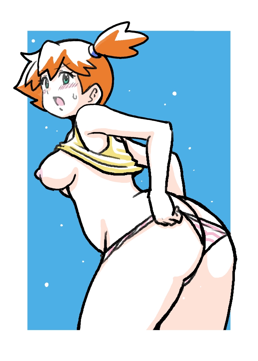 1girl absurdres arm_behind_back ass back bare_arms bare_shoulders blush breasts butt_crack female_focus gym_leader hair_tie highres huge_ass koutarosu legs medium_breasts misty_(pokemon) nintendo nipples nude open_mouth orange_hair panties pokemon pokemon_(anime) pokemon_(classic_anime) ponytail shirt simple_background sleeveless solo striped_clothes striped_panties tank_top thick_thighs thighs underwear white_background yellow_shirt yellow_tank_top