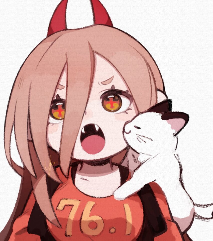 1girl animal animal_on_shoulder cat cat_on_shoulder chainsaw_man clothes_writing fangs highres horns meowy_(chainsaw_man) open_mouth power_(chainsaw_man) solo yknsugar