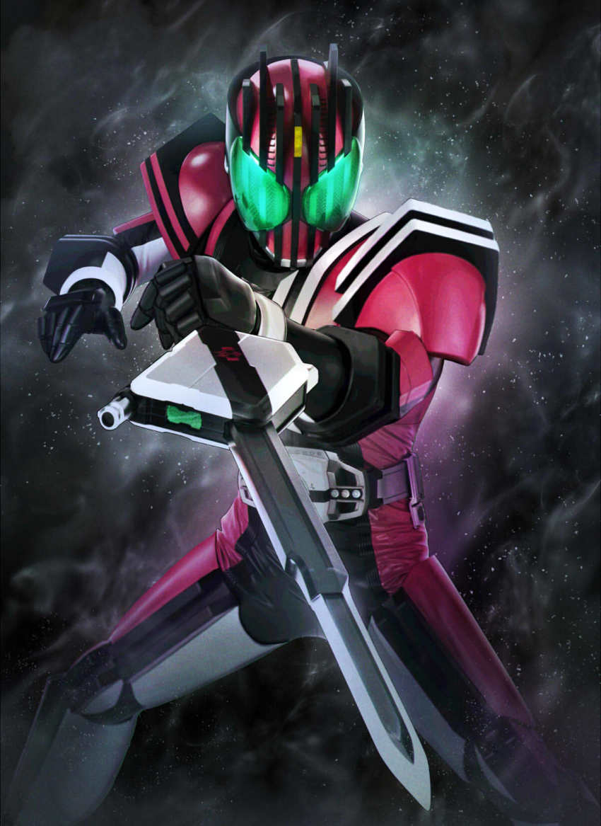 armor barcode black_background compound_eyes cowboy_shot decadriver rider_belt glowing glowing_eyes green_eyes highres holding holding_weapon kamen_rider kamen_rider_dcd kamen_rider_decade masukudo_(hamamoto_hikaru) pink_armor ride_booker rider_belt space star_(symbol) star_symbol_background sword tokusatsu weapon