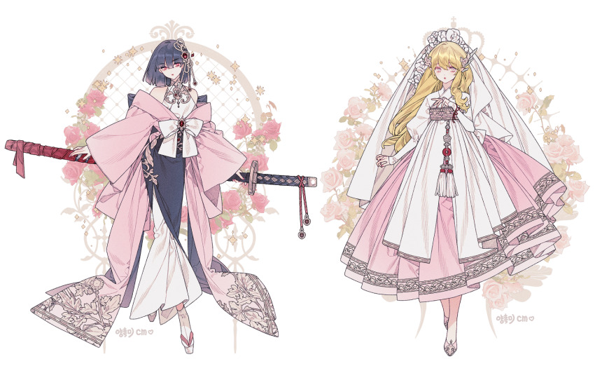 1girl ankle_socks black_hair black_skirt blonde_hair bow bracelet bridal_veil button_knot chinese_knot choppy_bangs crown dress empire_waist expressionless eyeshadow fashion flats flower flower_knot fold-over_collar full_body gown hair_flower hair_ornament hanbok hand_on_weapon holding holding_behind_back holding_sheath holding_sword holding_sword_behind_back holding_weapon holding_weapon_behind_back japanese_clothes jewelry katana kimono korean_clothes lemon89h long_hair long_skirt long_sleeves makeup mandarin_collar medium_hair okobo original pink_eyes pink_eyeshadow pink_flower pink_kimono pink_rose pink_sash pink_shoes platform_sandals purple_eyes red_flower red_ribbon red_rose ribbon rococo_movement rose sandals sash sheath shoes skirt socks solo sword tabi two-tone_dress veil wavy_hair weapon wedding_dress white_background white_bow white_dress white_flower white_socks white_veil wide_sleeves yaopei