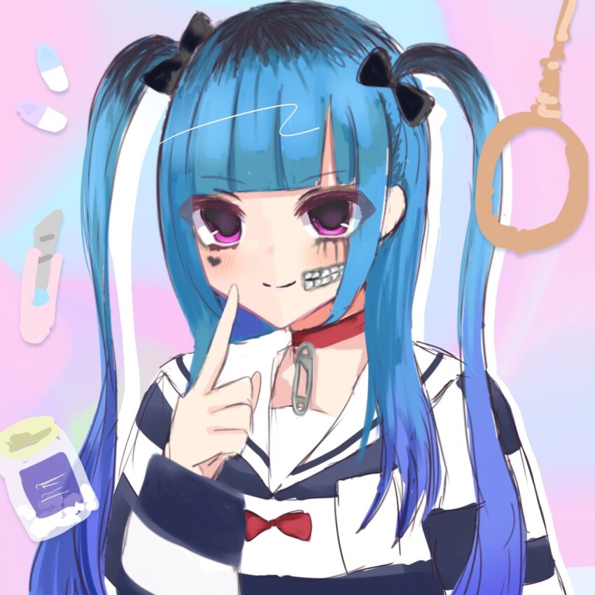 1girl amemiya_darumi black_hair blue_hair blush collar female_focus hand_up heart highres long_hair looking_at_viewer makeup multicolored_hair noose pink_background pink_eyes runny_makeup safety_pin shirt simple_background smile solo solo_focus striped_clothes striped_shirt the_hundred_line_-last_defense_academy- twintails upper_body