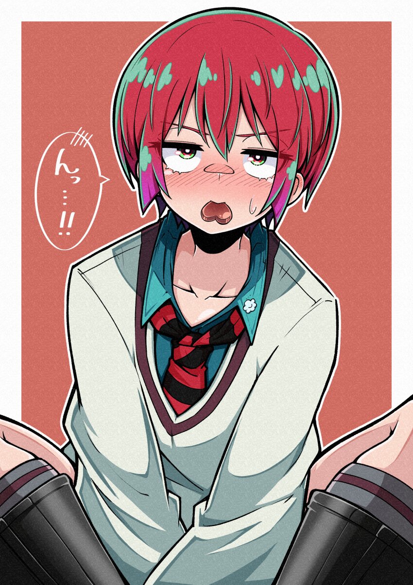 1girl absurdres amate_yuzuriha aqua_eyes aqua_shirt blush candy chocolate chocolate_heart collared_shirt commentary food food_in_mouth gundam gundam_gquuuuuux heart heart-shaped_food highres long_sleeves looking_at_viewer necktie red_hair school_uniform shinonome_mozuku shirt short_hair solo speech_bubble sweatdrop sweater