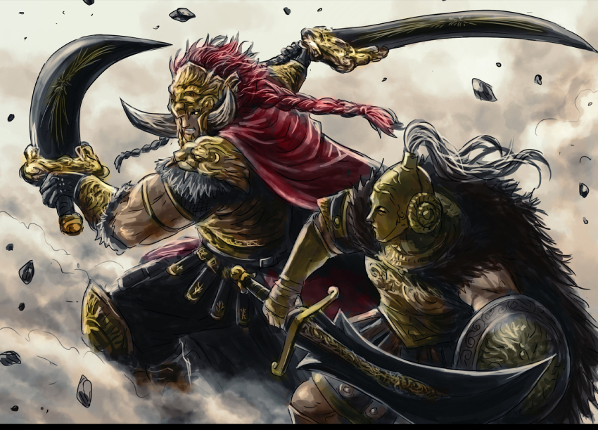 1boy 1girl arm_shield armor biceps black_gloves braid breastplate cape clenched_teeth commentary covered_face dual_wielding duel elden_ring elden_ring:_shadow_of_the_erdtree english_commentary fake_horns fur_cape gauntlets gloves gold_armor grey_hair helmet high_ponytail holding holding_sword holding_weapon horned_helmet horns mask mixed-sex_combat muscular muscular_female muscular_male ornate_armor ponytail qizeaq red_cape red_hair redmane_freyja rubble serious shoulder_armor smoke starscourge_greatsword starscourge_radahn swinging_weapon sword teeth twin_blades weapon yellow_eyes