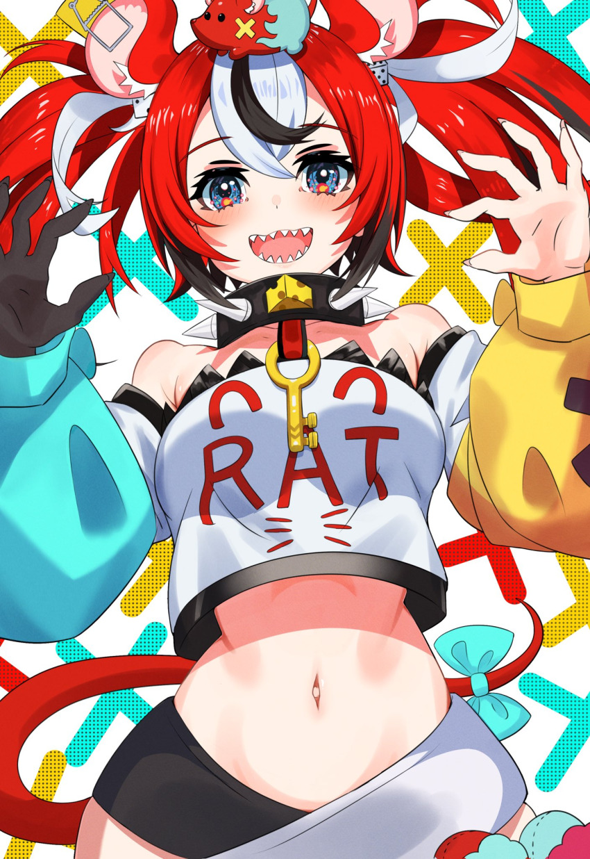 1girl animal animal_ears animal_on_head bare_shoulders bird black_hair black_skirt blue_bow blue_eyes blush bow breasts claw_pose clothes_writing collarbone crop_top detached_sleeves dice dice_hair_ornament english_text fangs hair_between_eyes hair_ornament hakos_baelz hakos_baelz_(1st_costume) hand_on_own_stomach hands_up harutyansann highres hololive hololive_english jewelry key key_necklace long_sleeves looking_at_viewer midriff mouse_ears mouse_tail mr._squeaks_(hakos_baelz) multicolored_hair navel necklace off_shoulder on_head open_mouth red_bow red_hair red_skirt sharp_teeth shirt skirt smile solo streaked_hair tail tail_bow tail_ornament teeth twintails virtual_youtuber white_hair white_skirt