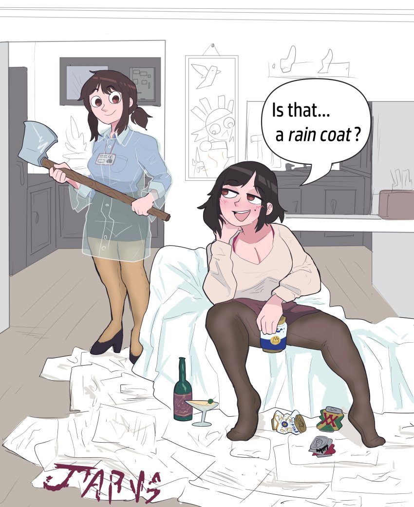 2girls absurdres alcohol american_psycho axe can coat douki-chan_(douki-chan) drunk english_text ganbare_douki-chan high_heels highres holding holding_axe holding_weapon id_card japvs kouhai-chan_(douki-chan) mole mole_on_cheek multiple_girls office_lady pantyhose parody ponytail raincoat see-through_clothes see-through_coat see-through_raincoat short_hair sweater weapon wine