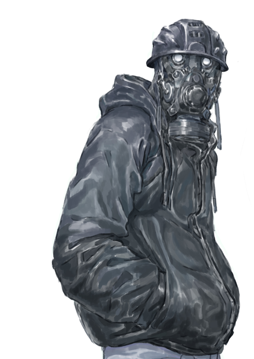 1boy absurdres aikawa_(dorohedoro) black_hat black_hoodie blue_pants chenrong96 dorohedoro gas_mask hands_in_pockets hat highres hood hood_down hoodie long_sleeves male_focus mask pants simple_background solo standing white_background