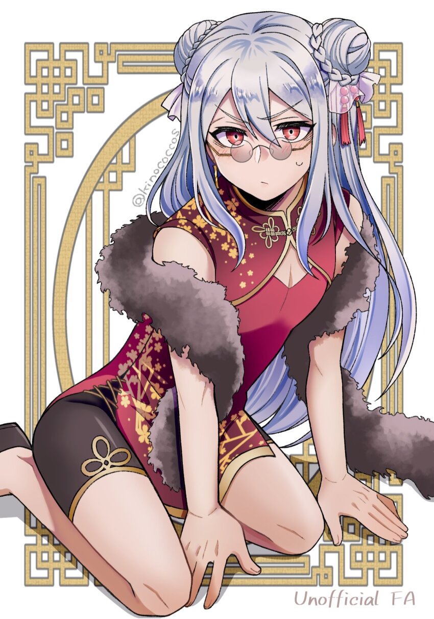 1boy blush brown_shorts bun_with_braided_base china_dress chinese_clothes cleavage_cutout clothing_cutout crossdressing double_bun dress feather_boa furrowed_brow grey_hair hair_between_eyes hair_bun highres ichinose_kazuma kinococcos long_hair looking_at_viewer male_focus red_dress red_eyes round_eyewear shorts sitting small_sweatdrop solo tribe_nine twitter_username wariza
