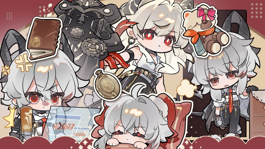 1girl absurdres ahoge anger_vein arm_strap black_choker black_horns black_pants book can canned_coffee chibi chibi_only chinese_commentary choker closed_mouth commentary_request curled_horns diggy_duggy_(wuthering_waves) drink_can earrings grey_hair hair_between_eyes highres holographic_interface horns jewelry key_earrings looking_at_viewer mole mole_under_eye multiple_views necktie pants red_eyes red_necktie saucer_(saucer752) shield shirt stuffed_toy white_shirt wuthering_waves zani_(wuthering_waves)