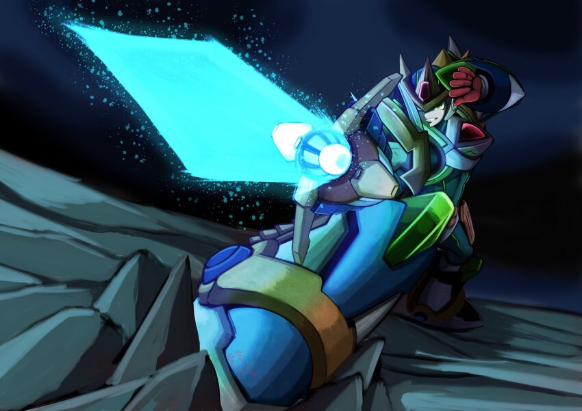 1boy agetatekoron2 android arm_blade arm_cannon armor black_background blade_armor_x_(mega_man) blue_background dark_background energy_blade fencing forehead_jewel green_eyes highres male_focus mega_man_(series) mega_man_x_(series) solo standing weapon white_armor x_(mega_man)
