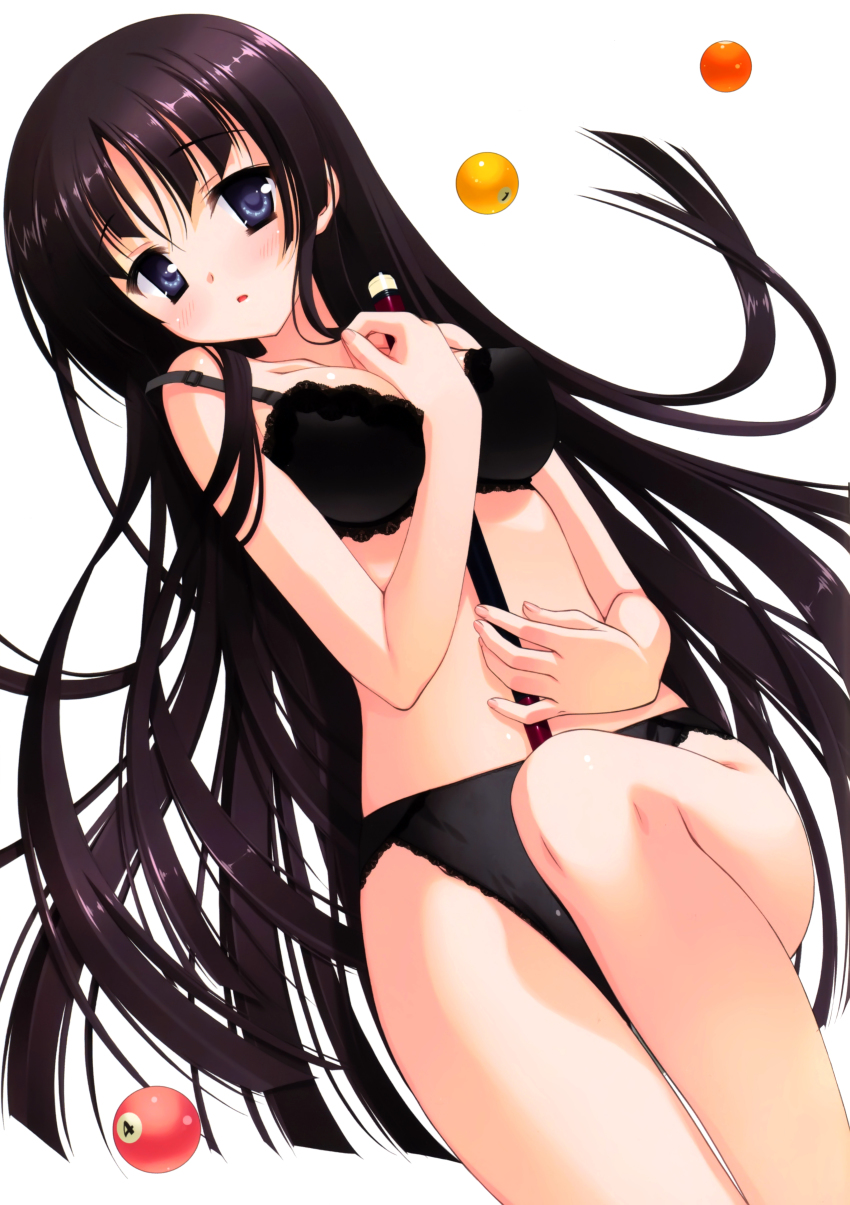 1girl absurdres ball between_breasts billiard_ball black_bra black_hair black_panties blue_eyes bra breasts cleavage cue_stick female_focus hidan_no_aria highres hotogi_shirayuki kobuichi lace lace-trimmed_bra lace-trimmed_panties lace_trim long_hair lying panties parted_lips scan solo strap_slip underwear underwear_only very_long_hair