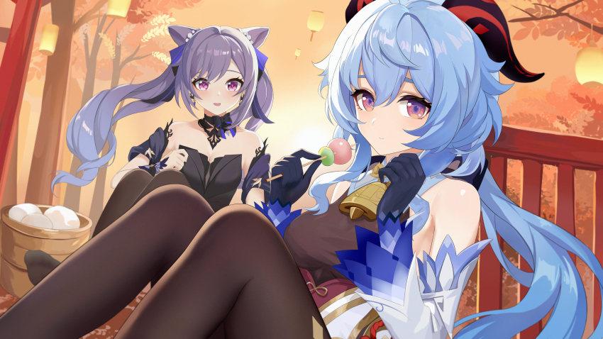 2girls absurdres ahoge bare_shoulders bell black_dress black_gloves black_pantyhose blue_hair blush bow bow_choker breasts choker cleavage cone_hair_bun dango detached_sleeves diamond-shaped_pupils diamond_(shape) double_bun dress fangai-anmian food ganyu_(genshin_impact) genshin_impact gloves gold_trim hair_bun hair_ears hair_ornament highres holding holding_food horns keqing_(genshin_impact) keqing_(opulent_splendor)_(genshin_impact) knees_up long_hair looking_at_viewer medium_breasts multiple_girls neck_bell official_alternate_costume open_mouth pantyhose pearl_hair_ornament purple_eyes purple_hair sidelocks sitting smile strapless strapless_dress symbol-shaped_pupils tree twintails wagashi white_sleeves