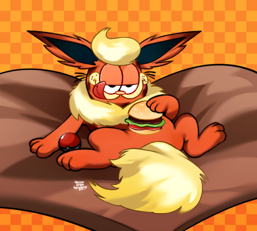artist_name burger checkered_background chocoholicmonkey crossover flareon food fusion garfield garfield_(character) gen_1_pokemon highres holding holding_burger holding_food licking_lips lying nintendo no_humans on_back orange_background orange_fur poke_ball poke_ball_(basic) pokemon pokemon_(creature) solo tongue tongue_out two-tone_fur white_fur