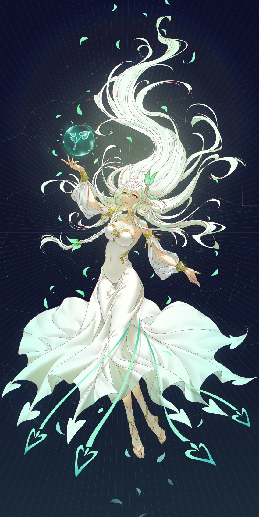 1girl absurdres ahoge arm_up body_markings braid breasts cleavage constellation constellation_request covered_navel dark_background detached_sleeves dress eyelashes floating floating_hair full_body gem genshin_impact gold_choker gold_trim gradient_hair green_eyes green_gemstone green_hair green_nails hair_floating_upwards hair_ornament hand_up highres innoarukugyou leaf_hair_ornament long_hair looking_to_the_side medium_breasts multicolored_hair nail_polish narrow_waist orb pointy_ears rukkhadevata_(genshin_impact) shirt smile solo star-shaped_pupils star_(symbol) stirrup_legwear strapless strapless_dress symbol-shaped_pupils toeless_legwear toes very_long_hair white_hair white_shirt