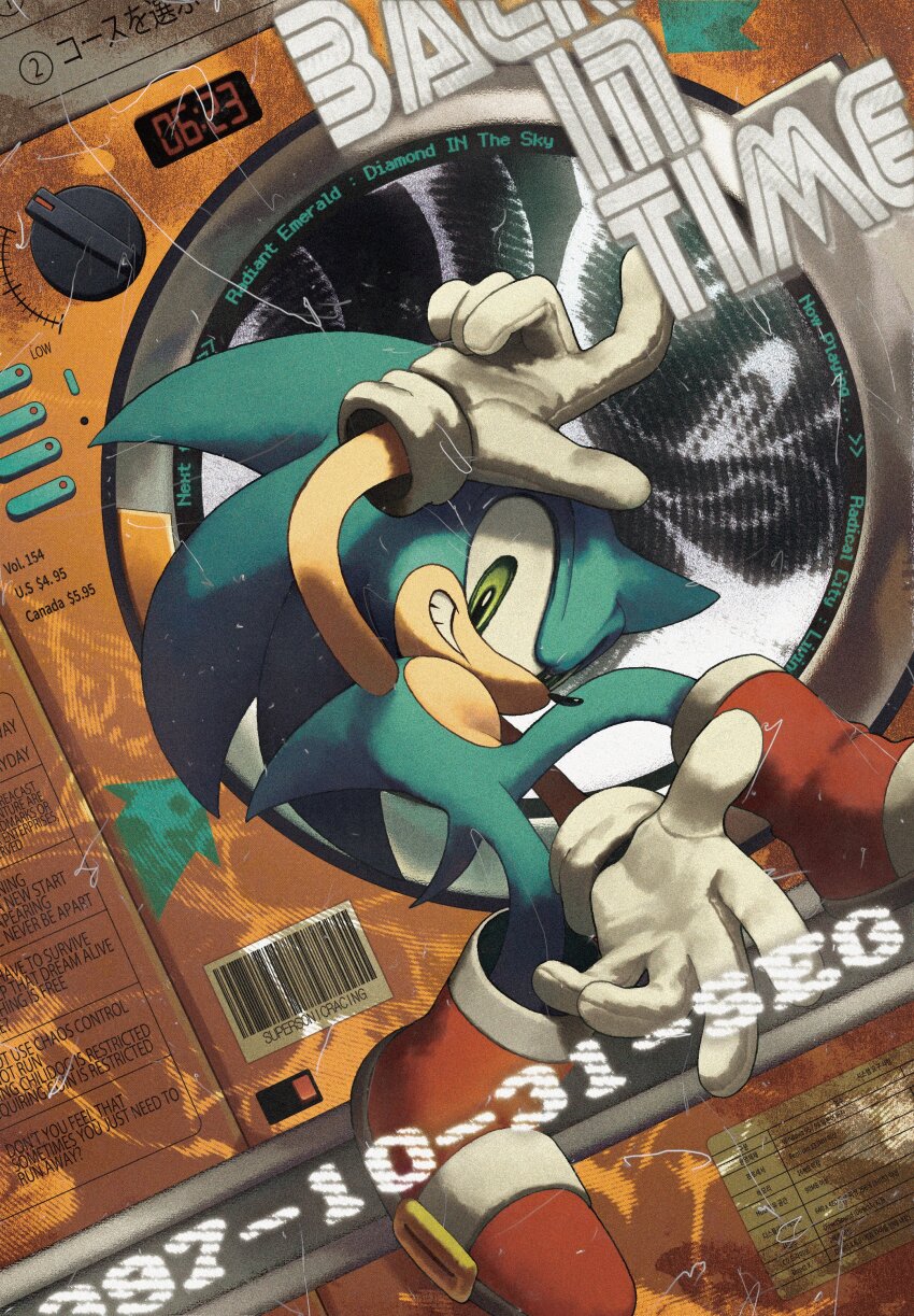 1boy absurdres barcode blue_fur buttons commentary dial furry furry_male gloves green_eyes hashtag-only_commentary highres hog_the_hedge male_focus red_shoes shoes smile solo sonic_(series) sonic_the_hedgehog white_gloves