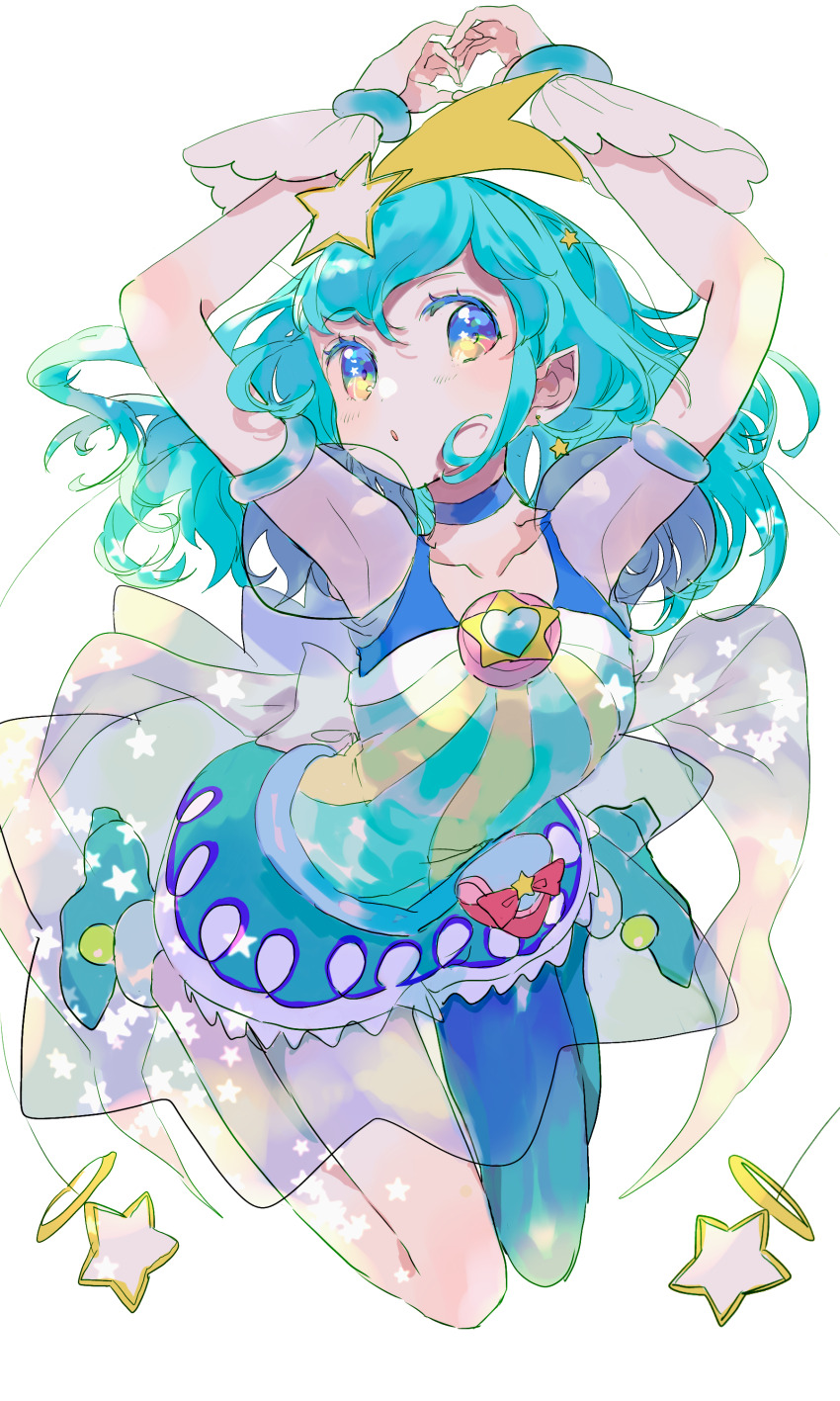 1girl absurdres alien ankle_boots antennae aqua_hair aqua_leotard aqua_shorts arms_up asymmetrical_clothes blue_eyes boots choker cure_milky earrings floating_hair full_body gradient_legwear hagoromo_lala hair_ornament heart heart_hands highres jewelry leotard looking_at_viewer magical_girl medium_hair parted_lips pointy_ears precure puffy_short_sleeves puffy_shorts puffy_sleeves see-through_clothes see-through_skirt see-through_sleeves seika_(yuimarutoka0219) shooting_star_hair_ornament short_shorts short_sleeves shorts simple_background single_leg_pantyhose sketch skirt solo star_(symbol) star_earrings star_hair_ornament star_twinkle_precure white_background wrist_cuffs
