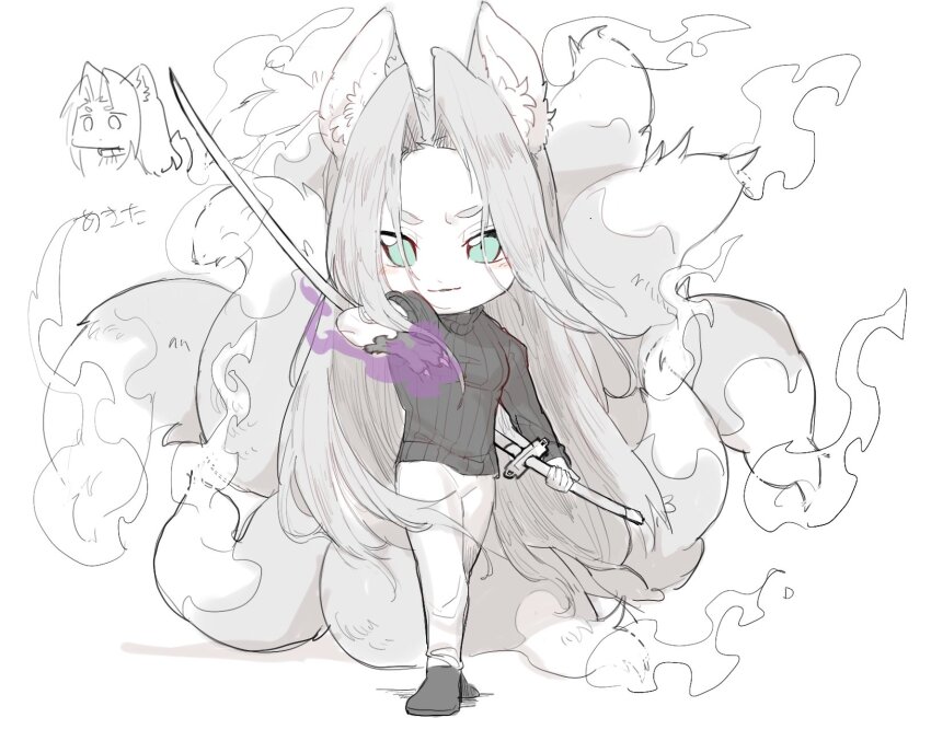 1boy alternate_costume animal_ears animal_hands aqua_eyes arm_up blush_stickers chibi chibi_only commentary_request final_fantasy final_fantasy_vii fire fox_boy fox_ears fox_tail full_body hattouissenbaka highres holding holding_sword holding_weapon katana kemonomimi_mode kitsune long_bangs long_hair magic male_focus masamune_(ff7) multiple_views no_armor pants parted_bangs parted_lips ribbed_sweater sephiroth shoes sketch sleeves_rolled_up smile spot_color standing sweater sword tail turtleneck turtleneck_sweater very_long_hair weapon