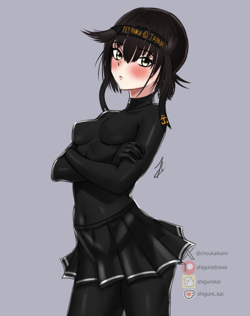 1girl anchor_symbol black_bodysuit black_hair black_headband black_skirt bodysuit bodysuit_under_clothes breasts clothes_writing commentary cowboy_shot crossed_arms english_commentary grey_background hair_flaps hatsuzuki_(kancolle) headband highres kantai_collection one-hour_drawing_challenge pleated_skirt shigure_(choukaikaini) short_hair simple_background skirt small_breasts solo watermark yellow_eyes