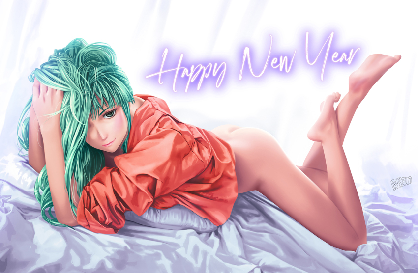 1girl bare_hips barefoot bed bed_sheet butt_crack chest_on_pillow green_eyes green_hair hair_over_one_eye happy_new_year light_smile long_hair looking_at_viewer lying muv-luv muv-luv_alternative new_year no_pants on_bed on_stomach orange_shirt popgun_(22882502) shirt signature smile soles solo tsukuyomi_mana