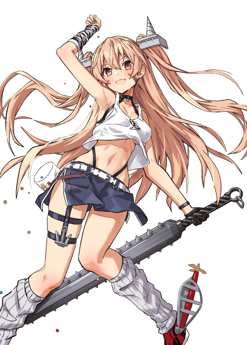 1girl armpits asymmetrical_gloves beans black_gloves blue_skirt blush breasts brown_eyes club club_(weapon) fingerless_gloves gloves hair_between_eyes highres holding holding_weapon johnston_(kancolle) johnston_(setsubun)_(kancolle) kanabou kantai_collection leg_warmers light_brown_hair long_hair mismatched_gloves navel official_alternate_costume open_mouth setsubun simple_background single_fingerless_glove skirt small_breasts smile solo takanashi_kei_(hitsujikan) tank_top two_side_up weapon white_background white_tank_top