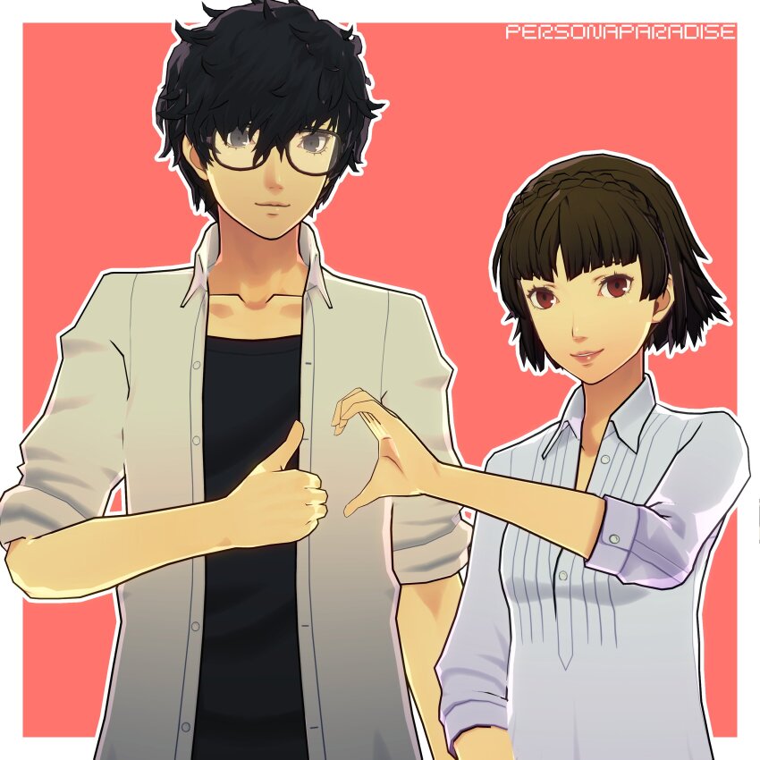 1boy 1girl 3d absurdres amamiya_ren artist_name black_hair brown_hair commentary commission english_commentary glasses heart_hands_failure highres niijima_makoto persona persona_5 personaparadise red_background red_eyes shirt short_hair simple_background smile white_shirt