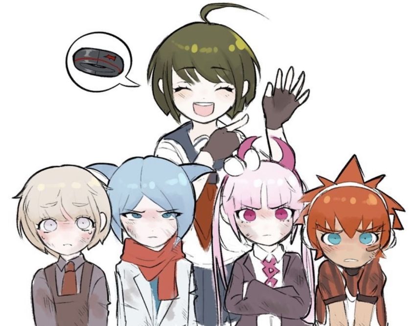 2girls 3boys age_difference ahoge apron bandaid bandaid_on_face black_apron black_jacket black_shirt blonde_hair blue_eyes blue_hair blue_horns blue_skirt blush child closed_eyes closed_mouth crossed_arms daimon_masaru_(danganronpa) danganronpa_(series) danganronpa_another_episode:_ultra_despair_girls despair_sauce_(artist) dirty dirty_face fake_horns fingerless_gloves frown gloves green_hair grey_eyes headphones horned_headwear horns jacket kemuri_jataro looking_at_viewer multiple_boys multiple_girls naegi_komaru necktie open_mouth palms pink_eyes pink_hair pink_headwear pink_horns pleated_skirt red_hair red_necktie red_scarf red_shirt scarf school_uniform serafuku shingetsu_nagisa shirt short_sleeves simple_background skirt smile standing t-shirt tank_top teeth upper_body upper_teeth_only white_background white_headwear white_jacket white_serafuku white_tank_top wristband