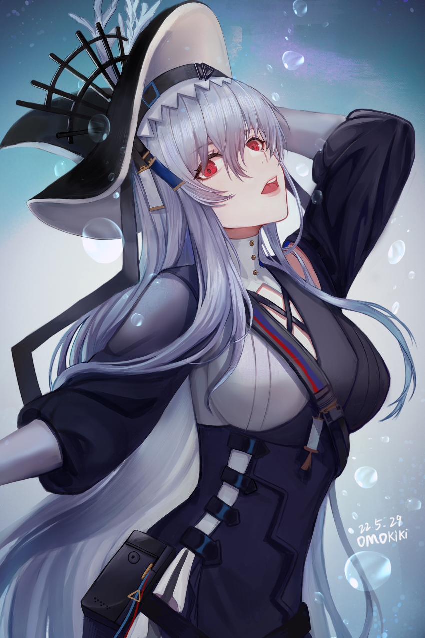 1girl absurdres air_bubble arknights arm_behind_head arm_up artist_name black_dress black_hat bubble chinese_commentary commentary_request cowboy_shot dated dress grey_hair hair_between_eyes hat highres long_hair looking_at_viewer omokiki open_mouth red_eyes solo specter_(arknights) specter_the_unchained_(arknights) standing teeth two-sided_fabric two-sided_headwear underwear upper_teeth_only very_long_hair white_hat