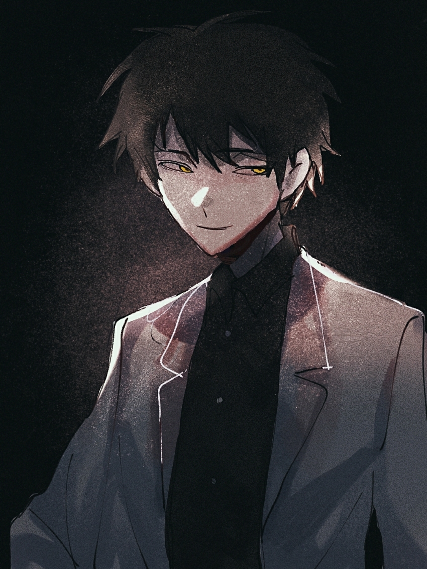 1boy ayin_(project_moon) beiquqian black_background black_hair black_shirt buttons collared_shirt commentary highres lab_coat lapels lobotomy_corporation long_sleeves male_focus notched_lapels open_clothes project_moon shirt short_hair smile solo upper_body yellow_eyes