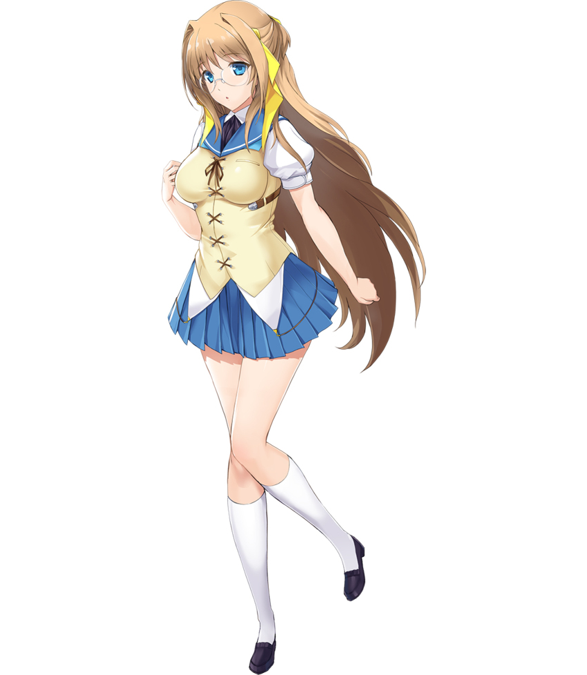 1girl :o blue_eyes blue_skirt breasts brown_hair brown_vest choukou_(alicesoft) choukou_taisen_escalation_heroines choukou_tenshi_escalayer clenched_hand full_body glasses highres kouenji_sayuka large_breasts leg_up long_hair looking_at_viewer official_art onigirikun skirt vest