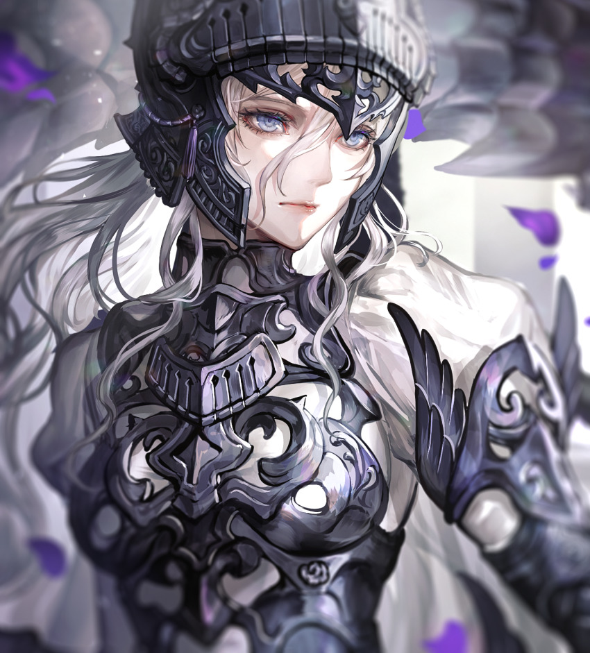 armor black_armor blurry cape cuirass falling_petals grey_eyes helmet highres long_hair original petals senano-yu serious white_hair