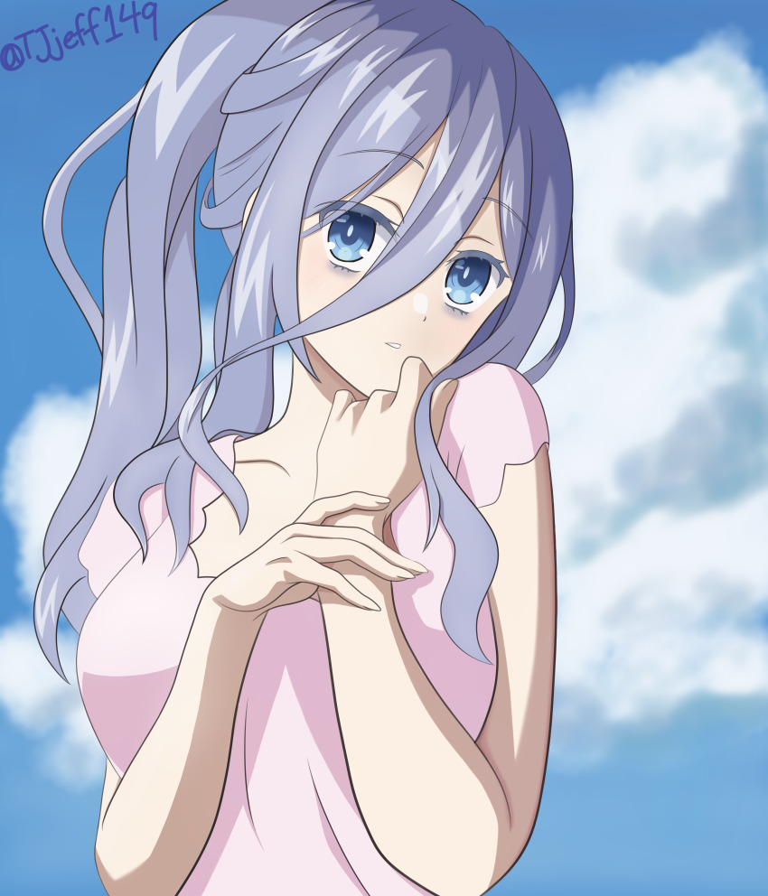 1girl absurdres blue_eyes breasts date_a_live eyebags highres long_hair murasame_reine shirt solo trajon white_hair