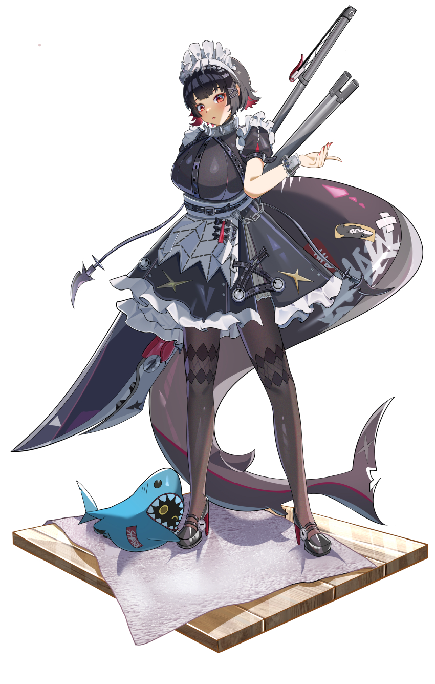 1girl 1other absurdres apron black_dress black_hair black_pantyhose breasts dress ellen_joe fins fish_tail frilled_dress frilled_hairband frills full_body hairband high_heels highres large_breasts looking_at_viewer maid maid_apron nail_polish pantyhose puffy_short_sleeves puffy_sleeves red_eyes red_nails scissors shark_girl shark_tail sharkboo_(zenless_zone_zero) short_hair short_sleeves simple_background stuffed_animal stuffed_shark stuffed_toy tail white_background wooden_plate zenless_zone_zero zzyan