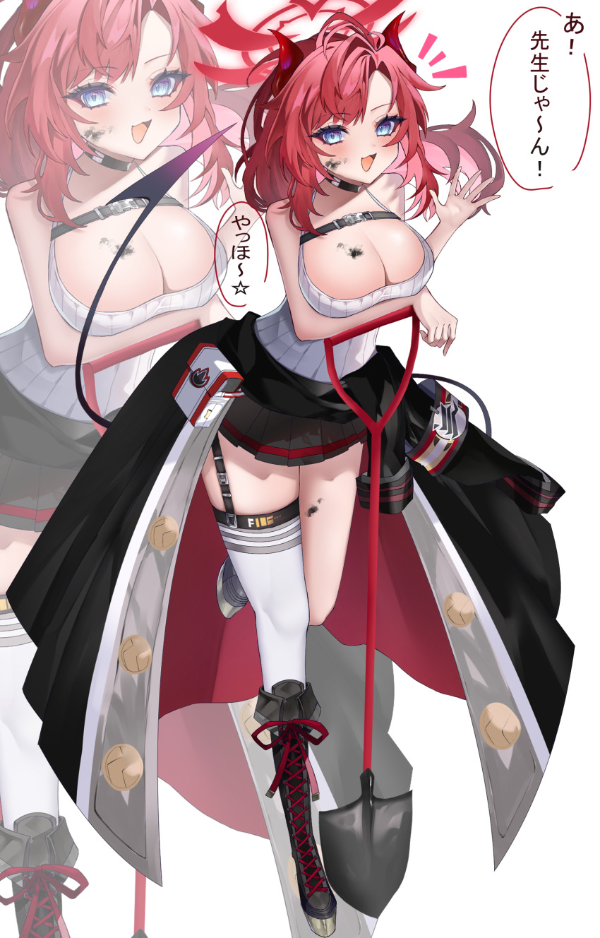 1girl absurdres bare_arms bare_shoulders bent_over black_boots black_choker black_jacket black_skirt blue_archive blue_eyes blush boots breasts choker cleavage clothes_around_waist demon_girl demon_horns demon_tail dirty eukr5772 garter_straps hair_between_eyes highres holding holding_shovel horns jacket jacket_around_waist large_breasts long_hair looking_at_viewer megu_(blue_archive) open_hand red_hair shovel sidelocks single_thighhigh skirt sweater tail thighhighs white_sweater white_thighhighs