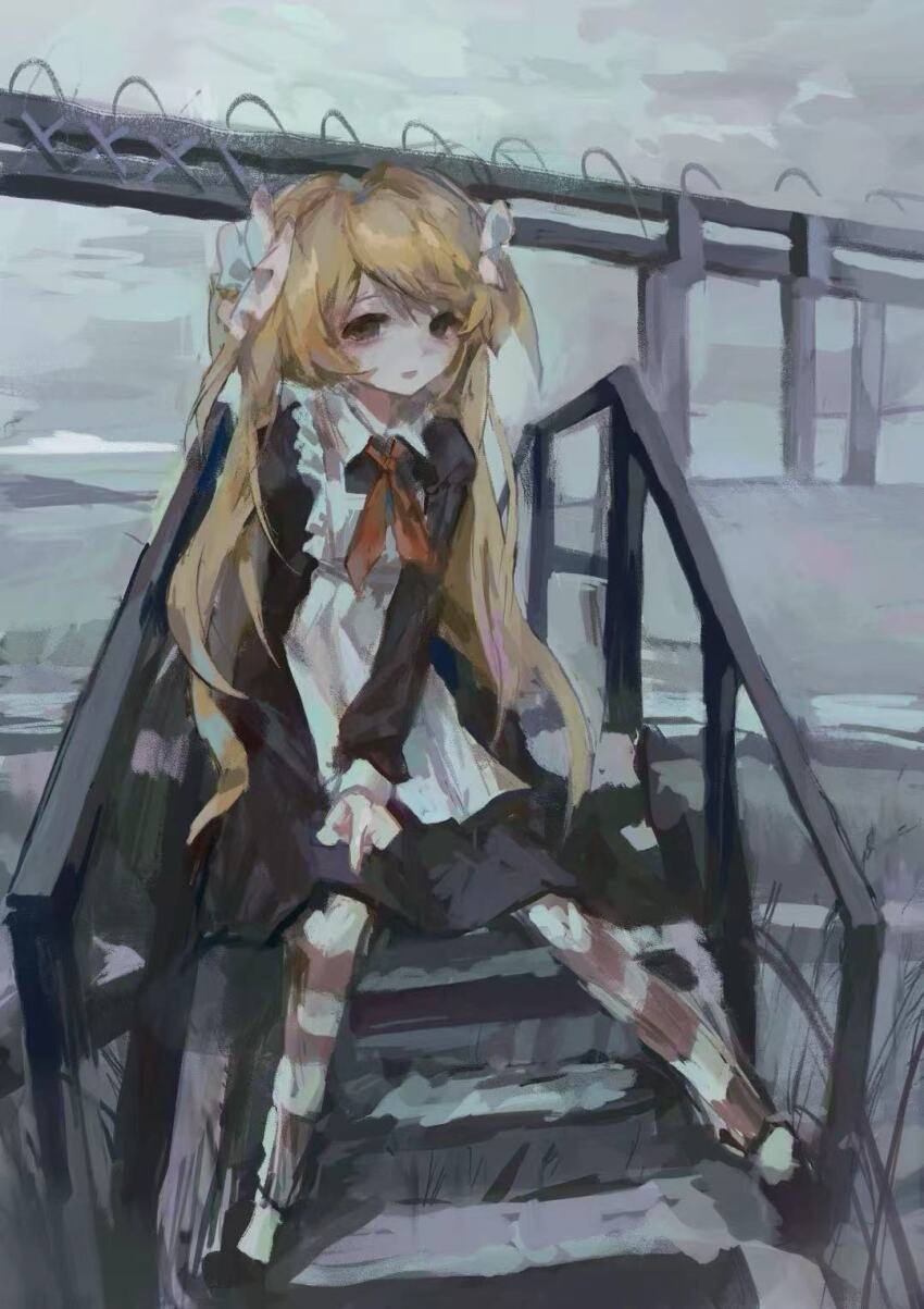 1girl 3n_(artist) apron black_dress blonde_hair bow dress flesh_blood_&amp;_concrete full_body highres juliet_sleeves long_hair long_sleeves looking_at_viewer neckerchief nika_(flesh_blood_&amp;_concrete) outdoors overcast pantyhose parted_lips puffy_sleeves red_neckerchief sitting sitting_on_stairs sky solo stairs striped_clothes striped_pantyhose twintails white_apron white_bow