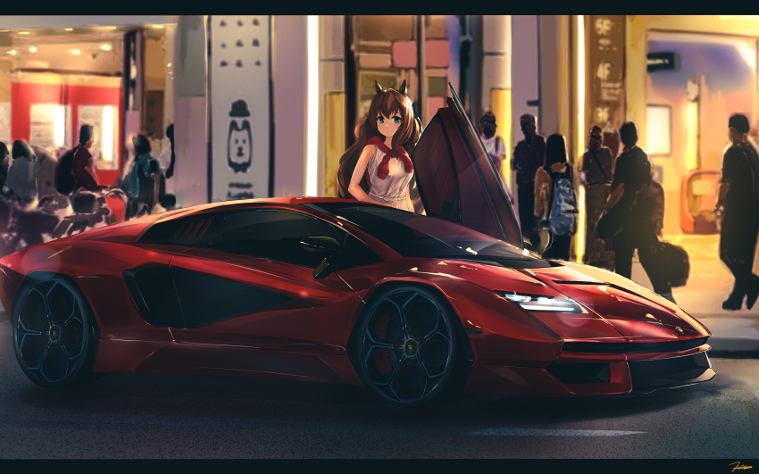 1girl absurdres animal_ears belt brown_hair building car dress green_eyes highres horse_ears lamborghini lamborghini_diablo letterboxed long_hair maruzensky_(umamusume) motor_vehicle nougat_(no_9ada) outdoors people signature sleeveless sleeveless_dress solo_focus standing umamusume vehicle_focus white_dress