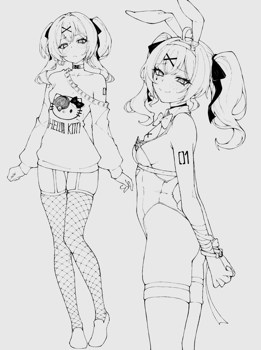 1girl absurdres animal_ears arm_tattoo black_leotard bow bowtie commentary eyelashes fake_animal_ears fishnet_thighhighs fishnets from_side frown full_body garter_straps hair_bow hair_ornament hair_ribbon half-closed_eyes hatsune_miku hello_kitty high_contrast highres kekel leotard lineart looking_at_viewer meme monochrome multiple_views object_in_bra playboy_bunny rabbit_ears rabbit_hole_(vocaloid) ribbon sanrio simple_background skindentation smile standing tattoo teardrop_facial_mark thighhighs thighs twintails uzumaki_spiral_head_girl_(meme) vocaloid x_hair_ornament